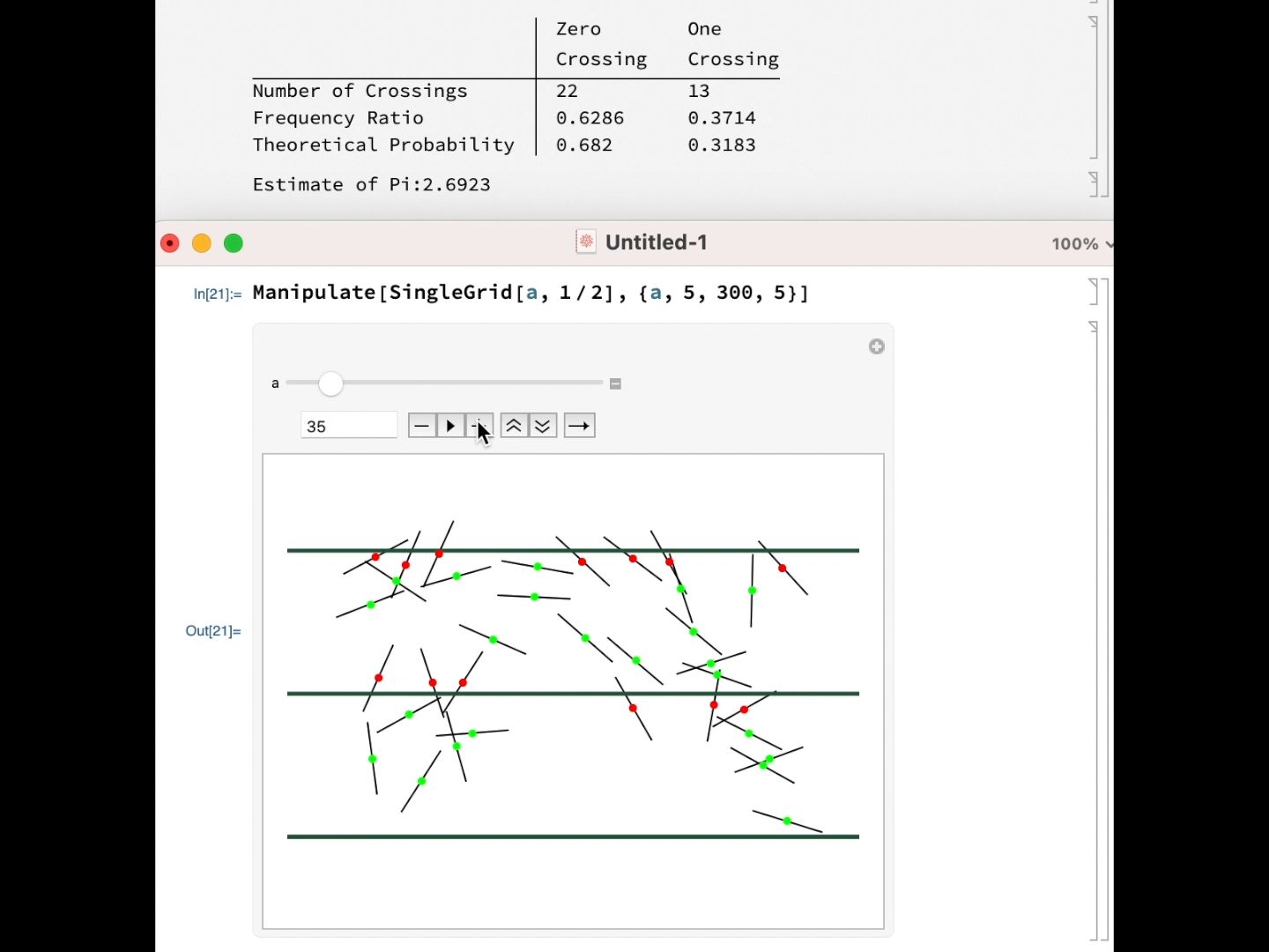 Simulate Buffon's needle with Mathematica 模拟布丰投针实验